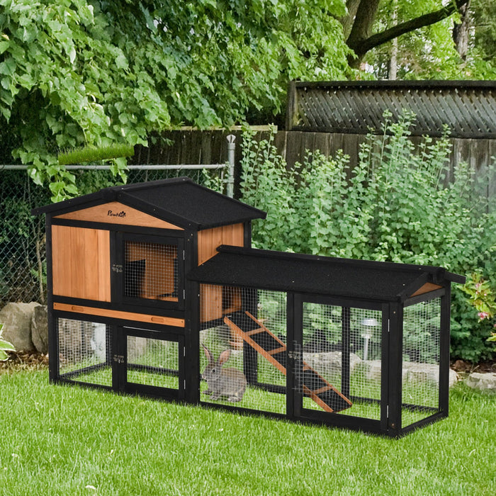 Pawhut 69\" Wooden Rabbit Hutch, Bunny Cage With Run Box, Slide-out Tray, Ramp, Waterproof Roof For R