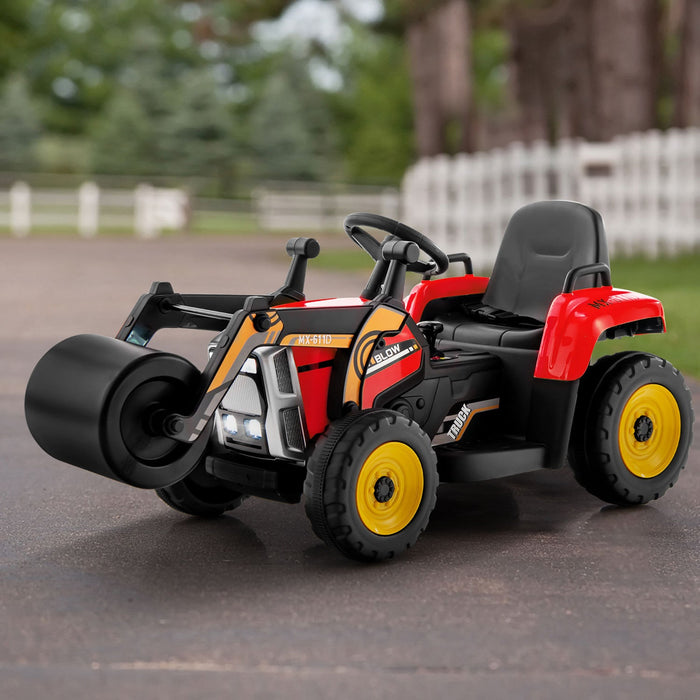 Costway Kids Ride On Road Roller 12v Electric Tractor Remote W/ Music & Led Light Red