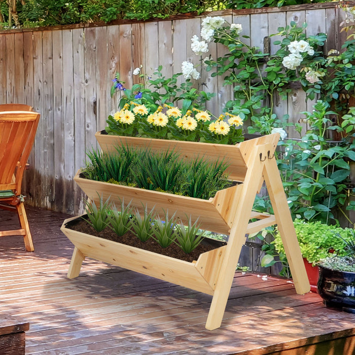 Outsunny 47'' 3-tiers Raised Garden Bed Raised Planter Boxes Wooden Plant Stand With Side Hooks & St
