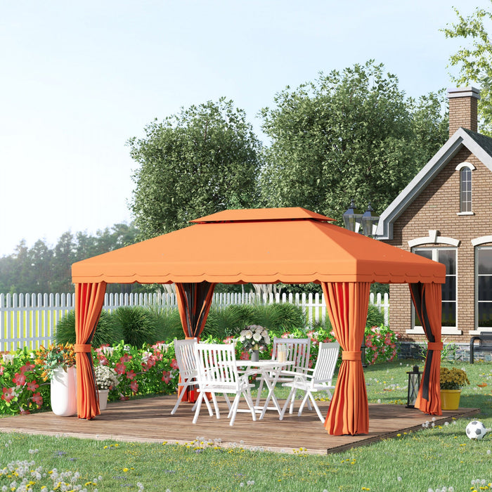 Outsunny 10 X 13ft Aluminum Frame Gazebo Canopy Double Tier Garden Shelter With Netting And Curtains
