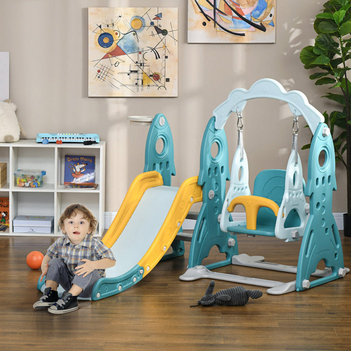 Qaba Kids Slide And Swing Set 3 In 1 Indoor Playground With Basketball Hoop, Adjustable Swing, Climb