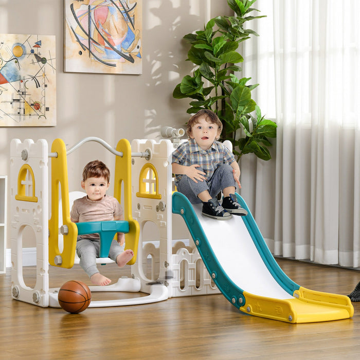 Qaba 6-in-1 Slide And Swing Set With Basketball Hoop, Climber, Baby Swing Set Indoor Playground With