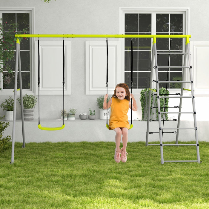 Outsunny 4 In 1 Metal Swing Set With Double Swings, Climber, Climbing Net, Heavy Duty Swing Set For 