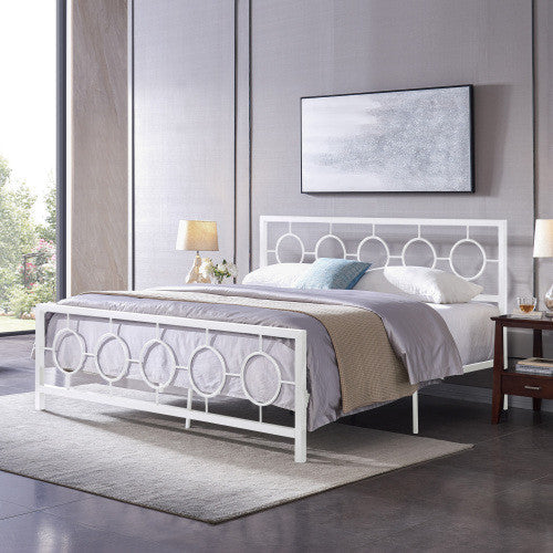 Robert Metal Construction Bed Frame With Circular Design Headboard And Footboard,king Size,white King Bed 