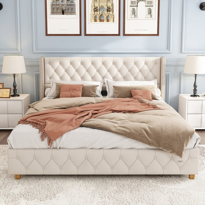 Haley Linen Upholstered Platform Bed with Classic Wingback Headboard and Diamond Tufted Upholstery,King Size,Beige King Bed  