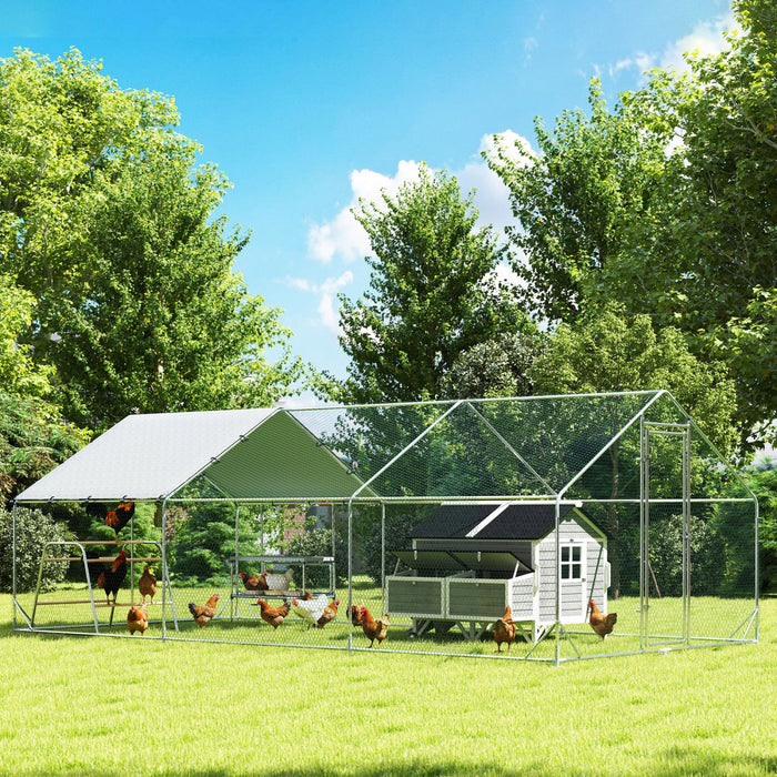Pawhut Chicken Run, Large Metal Chicken Coop With Nesting Box, Waterproof & Uv-resistant Cover, Roosting Bars, Poultry Cage For Outdoor, Backyard, Farm, For 18-24 Poultry