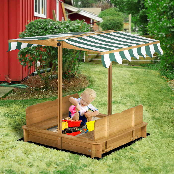 Wooden Kids Sandbox With Cover, Children Outdoor Sand Play Station With Foldable Bench Seats, Adjust