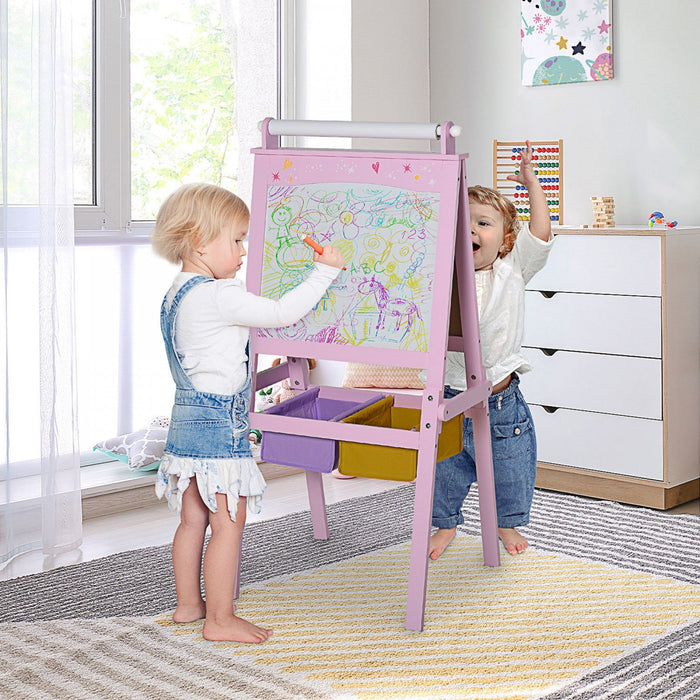 Qaba 3 In 1 Kids Wooden Art Easel With Paper Roll Double-sided Chalkboard & Whiteboard Gift For Todd