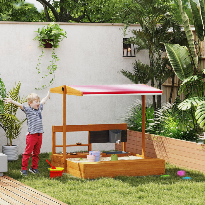 Outsunny Kids Sandbox with Cover, Wooden Sand Box with Adjustable Cover, Kitchen Playset Toys, Seat, Storage, Outdoor Sand Play for 3-7 Years Old, 45 x 43 x 43inch, Red