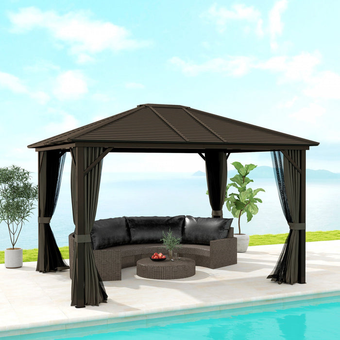 Outsunny 10' X 12' Deluxe Hardtop Gazebo With Curtains And Netting, Grey