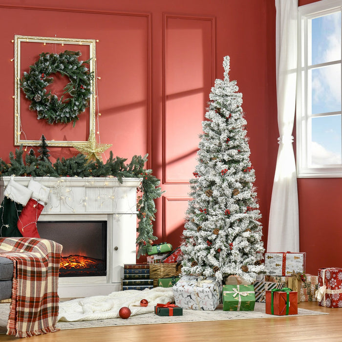 Homcom 6ft Snow Artificial Christmas Tree With Pine Cone, Red Berry