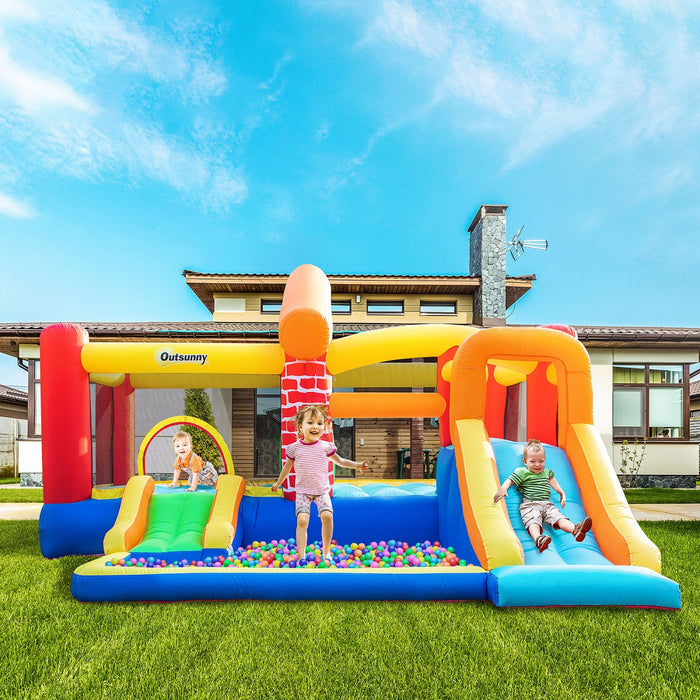 Outsunny 4 In 1 Kids Bounce House Castle-themed Large Double Slides & Trampoline Inflatable Pool Wit