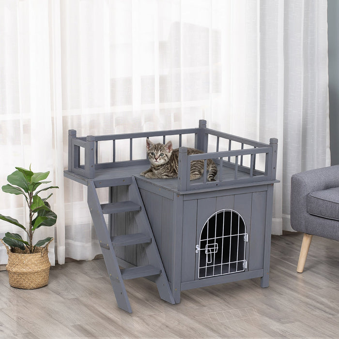 Pawhut 2-story Pet House For Cats Miniature Sized Dogs, Wooden Kitten Shelter With Enclosure, Balcon