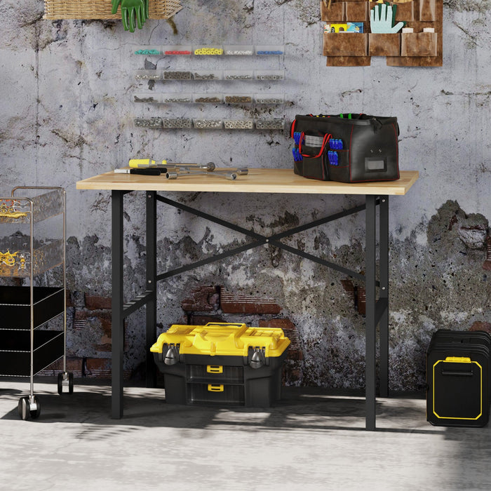 Homcom 46\" Work Bench Table Oak Wood Top, Heavy-duty Steel Work Table