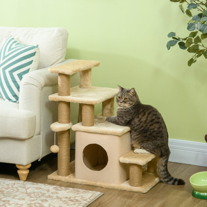 Pawhut Adjustable Height Cat Stairs With Jute Scratching Posts, Cat House For Cozy Rest, Pet Steps F