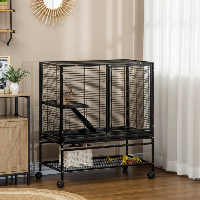Pawhut Small Animal Cage With Wheels, 2-tier Pet Playpen For Ferrets, Chinchillas, Guinea Pigs, Kitt