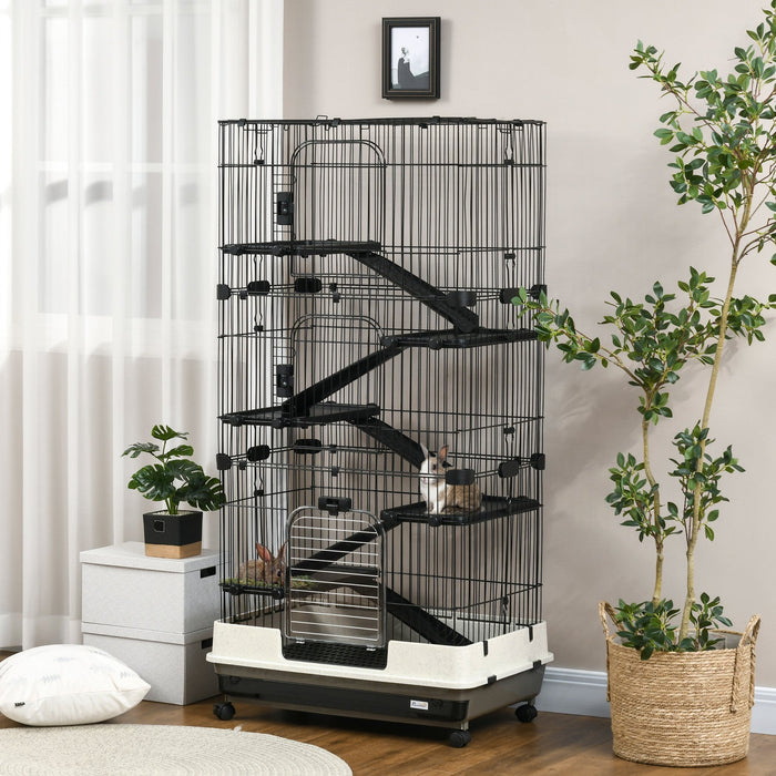 Pawhut 32\"l 6-level Small Animal Cage Rabbit Hutch With Universal Lockable Wheels, Slide-out Tray Fo