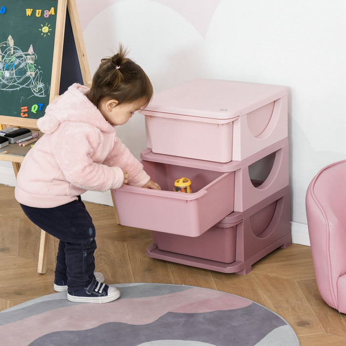 Qaba Kids Toy Storage Organizer With 3 Plastic Bins, 3 Tier Drawer Chest Utility For Kids Bedroom Nu