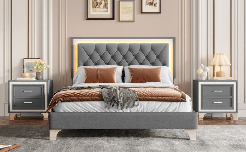 Sophia 3 Piece Velvet Tufted Headboard Bedroom Set With Upholstered Bed And Led Lights,queen Size,grey Queen Bed 