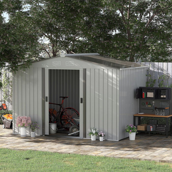 Outsunny 9' X 6' Garden Storage Shed With Floor Foundation, Metal Tool Storage House With Double Doo