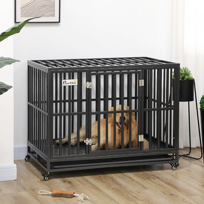 Pawhut 45\" Heavy Duty Steel Dog Crate Kennel Pet Cage With Wheels For Portability & 1 Doors For Conv