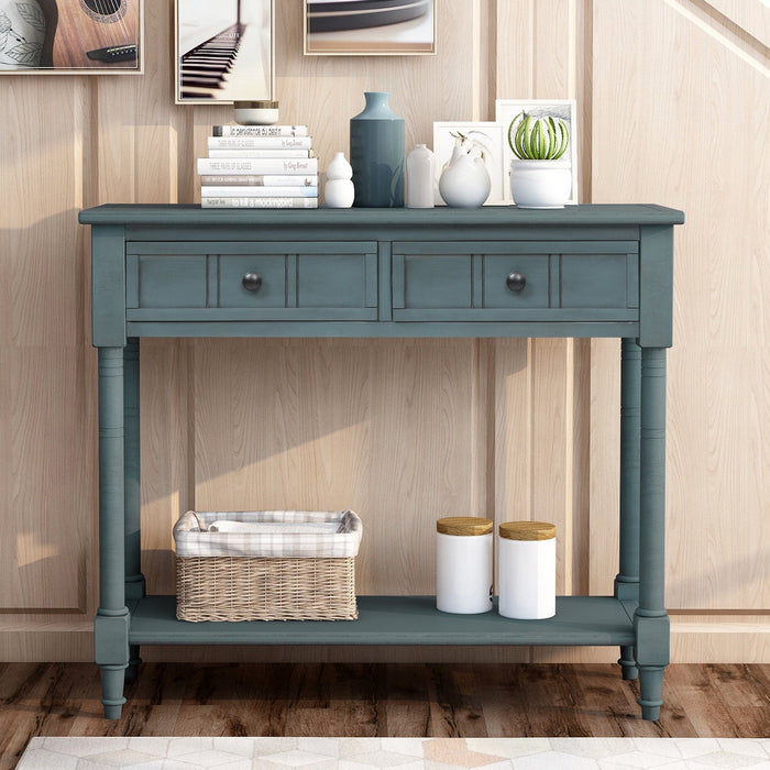Jeremy Solid Wood Traditional Console Table With Drawers And Shelf - Navy 
