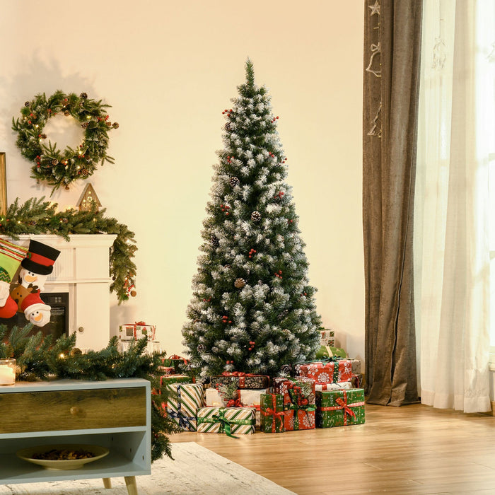 Homcom Flocked Pencil Christmas Tree With Red Berries, Pine Cones, Green
