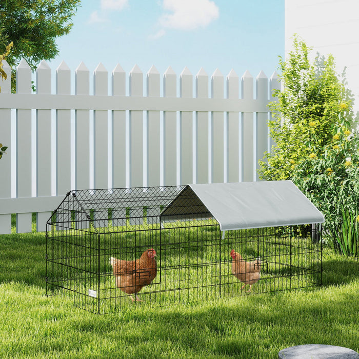 PawHut 73"L Small Animals Pet Playpen Catio Cage with Doors for Rabbits, Guinea Pig, Chicken, Chinchillas, Cat, Quail, Duck, Outdoor Indoor Use with Spire Roof, Silver