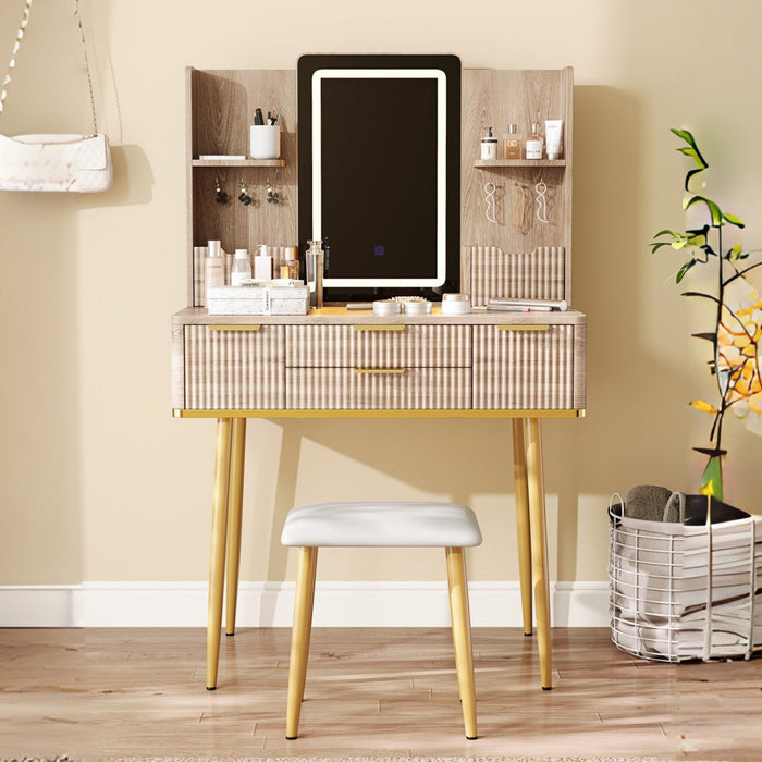 Isabella 4-Drawer Vanity Table Set with LED Mirror and Metal Legs,Yellow Brown Mirror Cabinet  