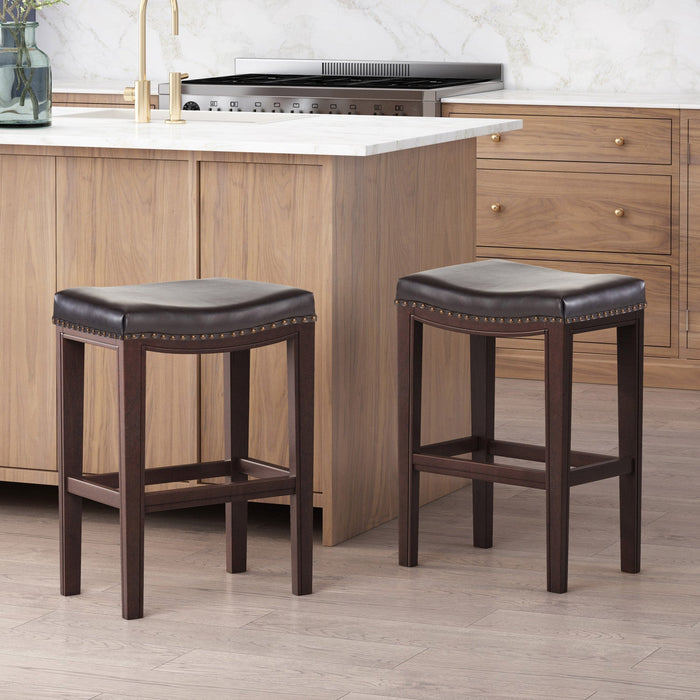 Tiffin Counter Stools Set Of 2, Saddle Seat With Studded Trim, Vegan Leather - Brown 