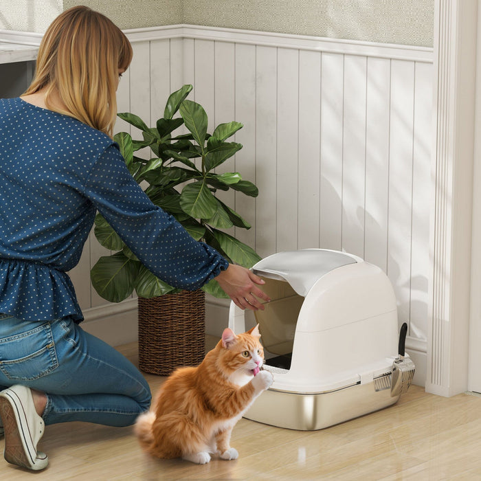 Pawhut Large Stainless Steel Litter Box With Lid, Large Enclosed Cat Litter Box For Cats With Flip Cover, High Sided, Scoop, Odor Free, Easy Cleaning, Anti-urine Leakage