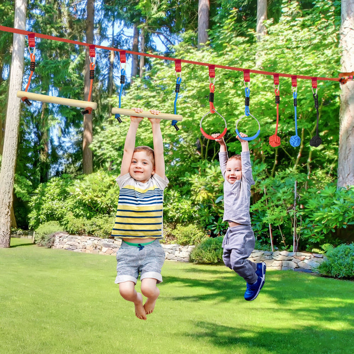 Outsunny 33FT Ninja Slackline Set, 30-Piece, 10m Rope with Obstacles, Climbing Frame, Outdoor Climbing Training, Playset Equipment for Children Aged 3-6, Gymnastics Rings, Ropes