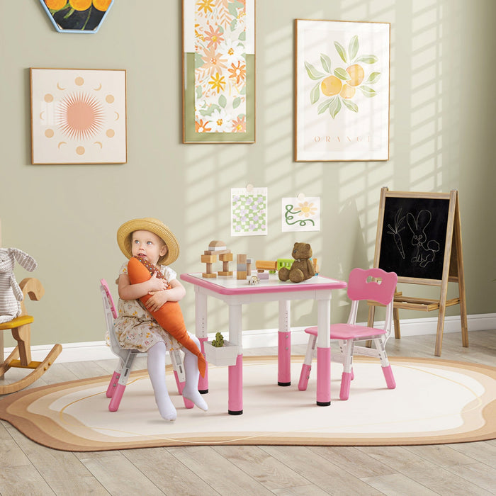 Qaba 3 Pieces Kids Table And Chair Set, Height Adjustable Toddler Table And Chair Set, Activity Tabl