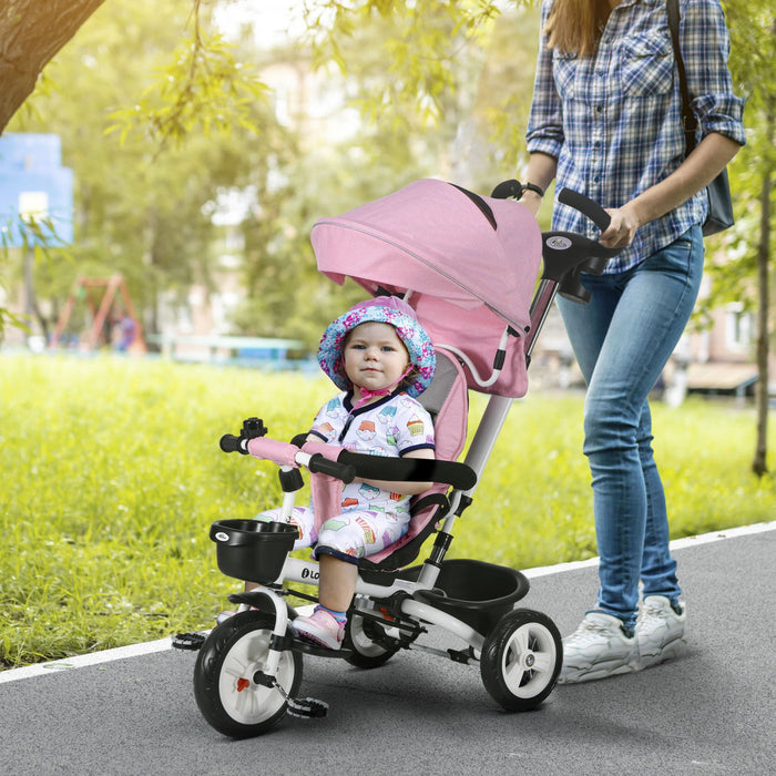 Qaba Toddler Tricycle, 6 In 1 Stroller Bike With Parent Push Handle, Canopy, Storage Baskets, Cuphol