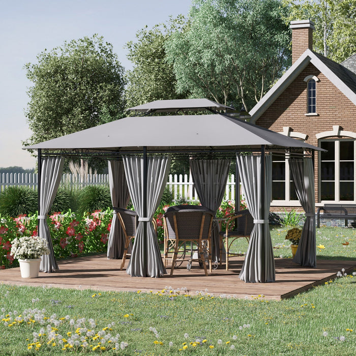 Outsunny 10' X 13' Patio Gazebo, Outdoor 2-tiers Garden Canopy Yard Sunshade Shelter With Curtains, 