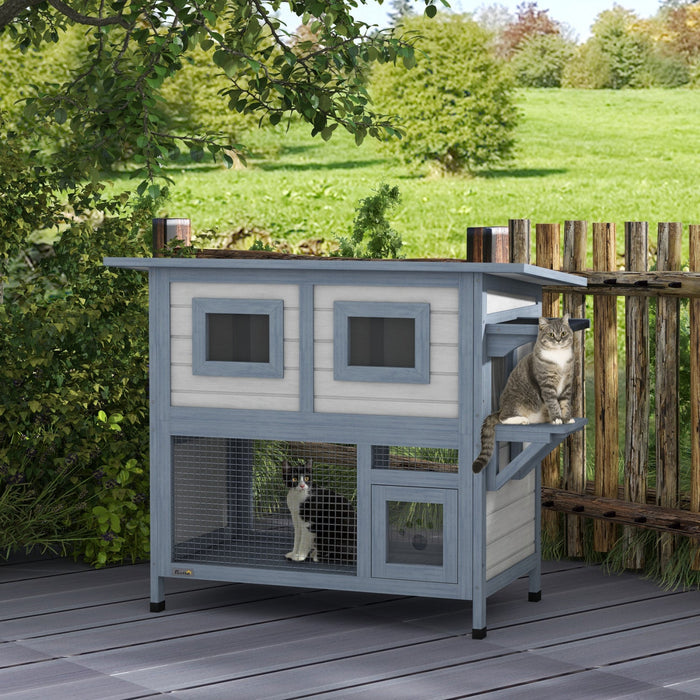 Pawhut Outdoor Cat House, 2 Tier Wooden Feral Cat Shelter With Escape Door, Weatherproof Roof, Jump 