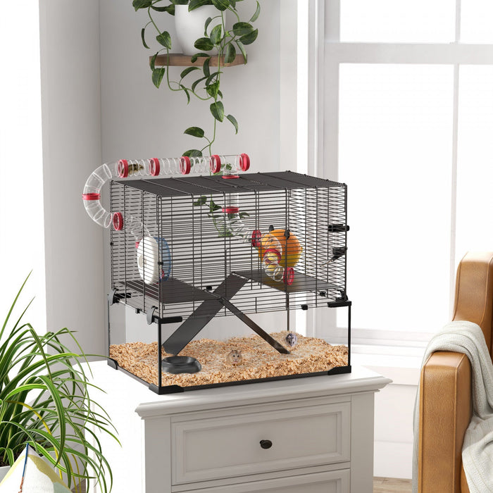 Pawhut Hamster Cage, Small Animal House With Deep Glass Bottom, Tunnel Tube System, Ramps, Platforms