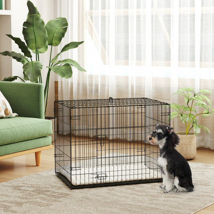 Pawhut Dog Crate, 30" Folding Metal Dog Kennel With 2 Doors, Removable Tray, Soft Cushion, Handle, Pet Cage For Small Dogs, Black
