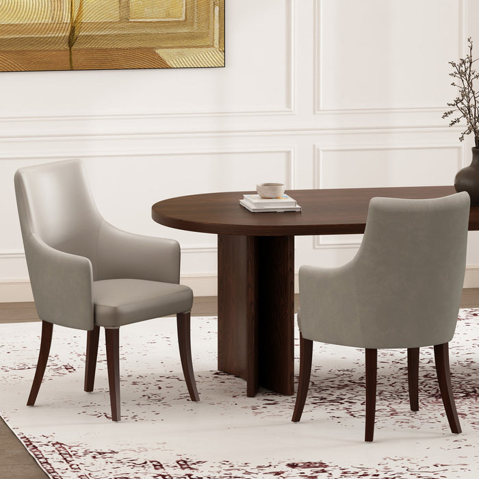 Connie Modern Vegan Leather and Velvet Wood Armchair in Light Gray - Set of 2 Dining Chair 