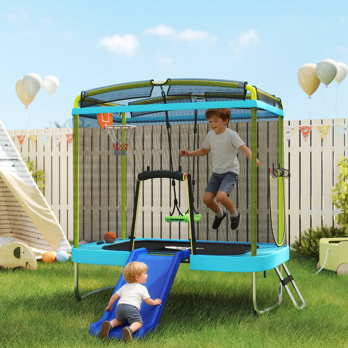 Qaba 70" x 47" Trampoline for Kids, Indoor & Outdoor Toddler Trampoline with Slide, Swing, Basketball Hoop, Ladder and Safety Enclosure, Gift for Boys & Girls, Light Blue