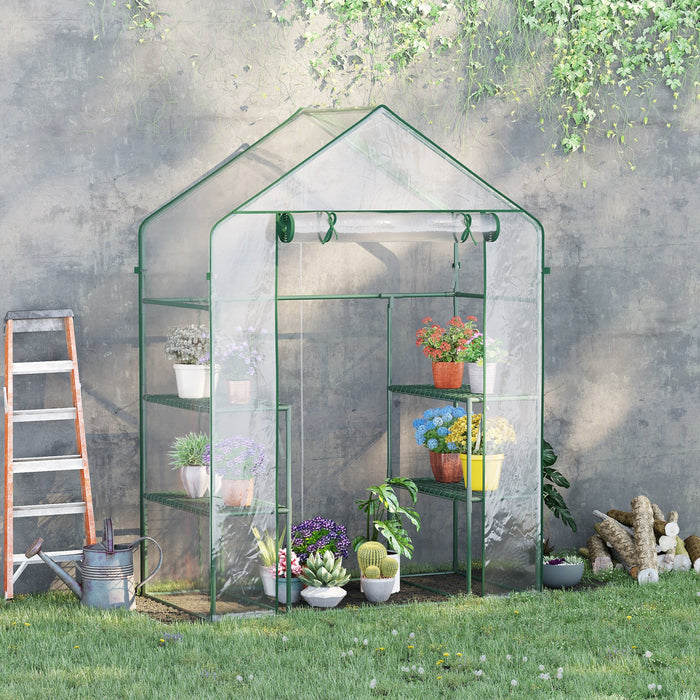 Outsunny 3-tier Mini Greenhouse, Walk-in Greenhouse, Garden Hot House With 4 Shelves, Roll-up Door A