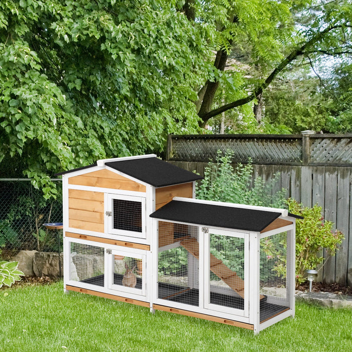Pawhut 2-tier Wood Rabbit Hutch Backyard Bunny Cage Small Animal House W/ Ramp And Outdoor Run, Yell