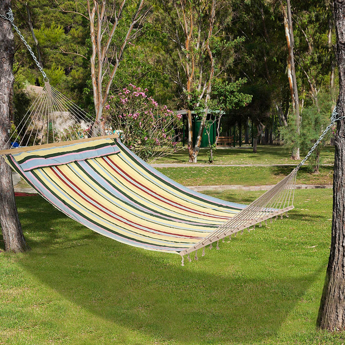 Outsunny 83\" Patio Double Hammock, Wide Outdoor Hammock Bed Striped Fits 2 People Sunbed Camping Han