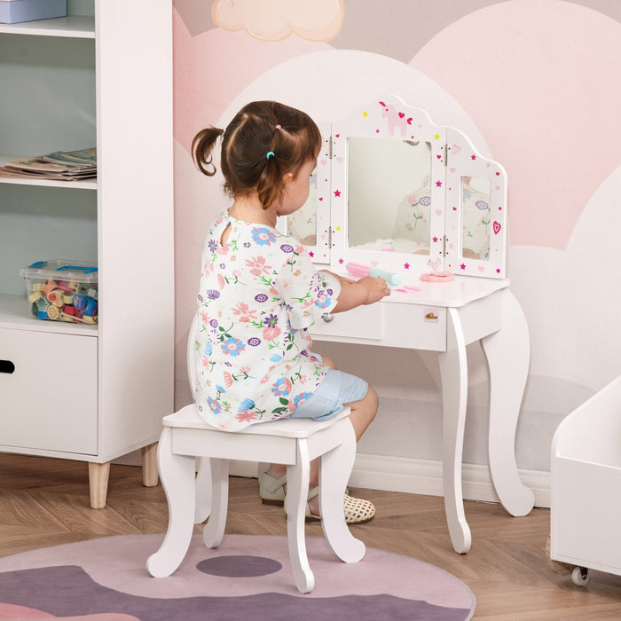 Qaba Kids Vanity Table & Stool Girls Dressing Set Make Up Desk With Tri-folding Mirrors Drawer Star 
