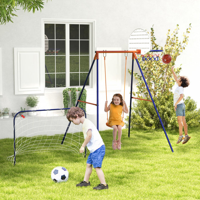 Outsunny Swing Set For Kids Outdoor 3 In 1 Metal Swing Frame With Swing Seat, Basketball Hoop And Fo