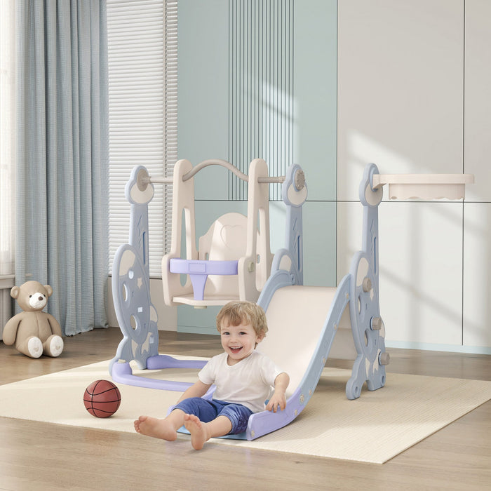 Qaba 4-in-1 Toddler Slide, Baby Kids Indoor Slide and Swing Set with Basketball Hoop, Climber, Indoor Playground for Ages 1.5-4 Boys Girls Toddler, Rocket Themed, Light Blue