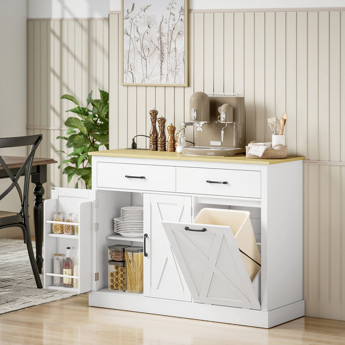 HOMCOM Tilt Out Trash Cabinet with Charging Station, Kitchen Island, White