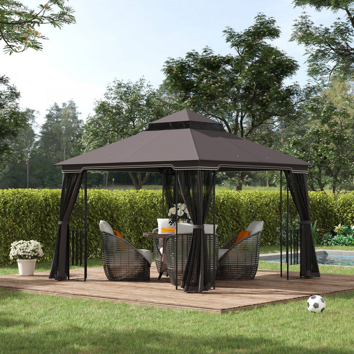 Outsunny 10' X 10' Outdoor Patio Gazebo Canopy With Double Tier Roof, Removable Mesh Curtains, Displ