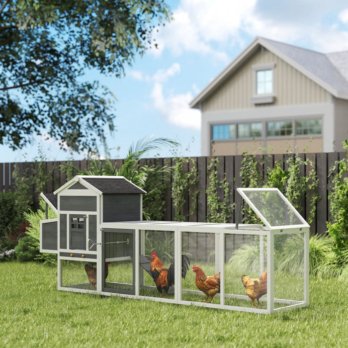 PawHut 117" Chicken Coop, Wooden Rabbit Hutch with Chicken Run, Slide-out Tray, Asphalt Roof, Nesting Box - Grey and White