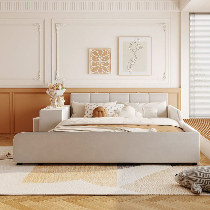 Lily Velvet Upholstered Grounded Bed with Desk and Stool,Queen Size,Beige Queen Bed  